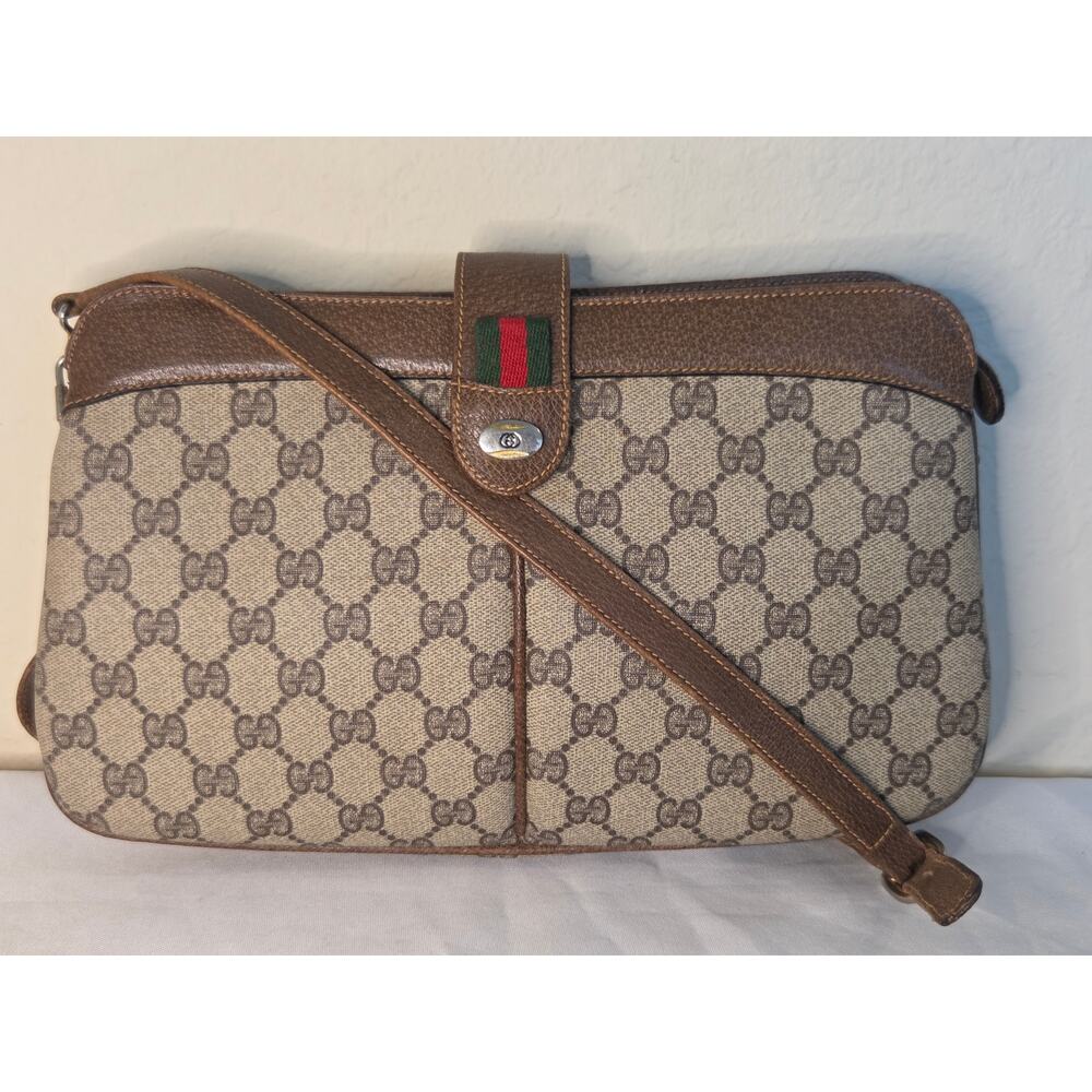 Gucci GG Supreme Web Stripe Crossbody Messenger Bag Ophidia Vintage Leather Trim - Picture 1 of 15